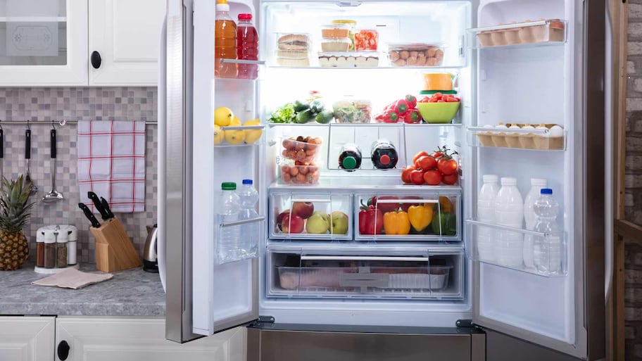 close up of open refrigerator 